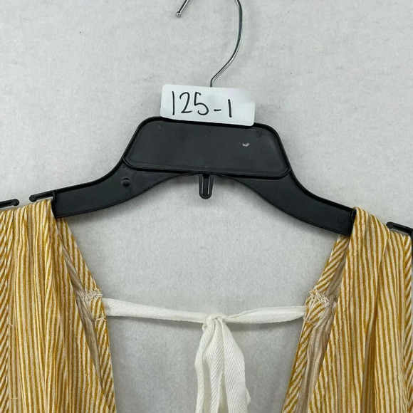 BP Blouse Women XS Yellow Blue Colorblock V-Neck Striped Peplum Pleated Tie Back - Picture 11 of 11